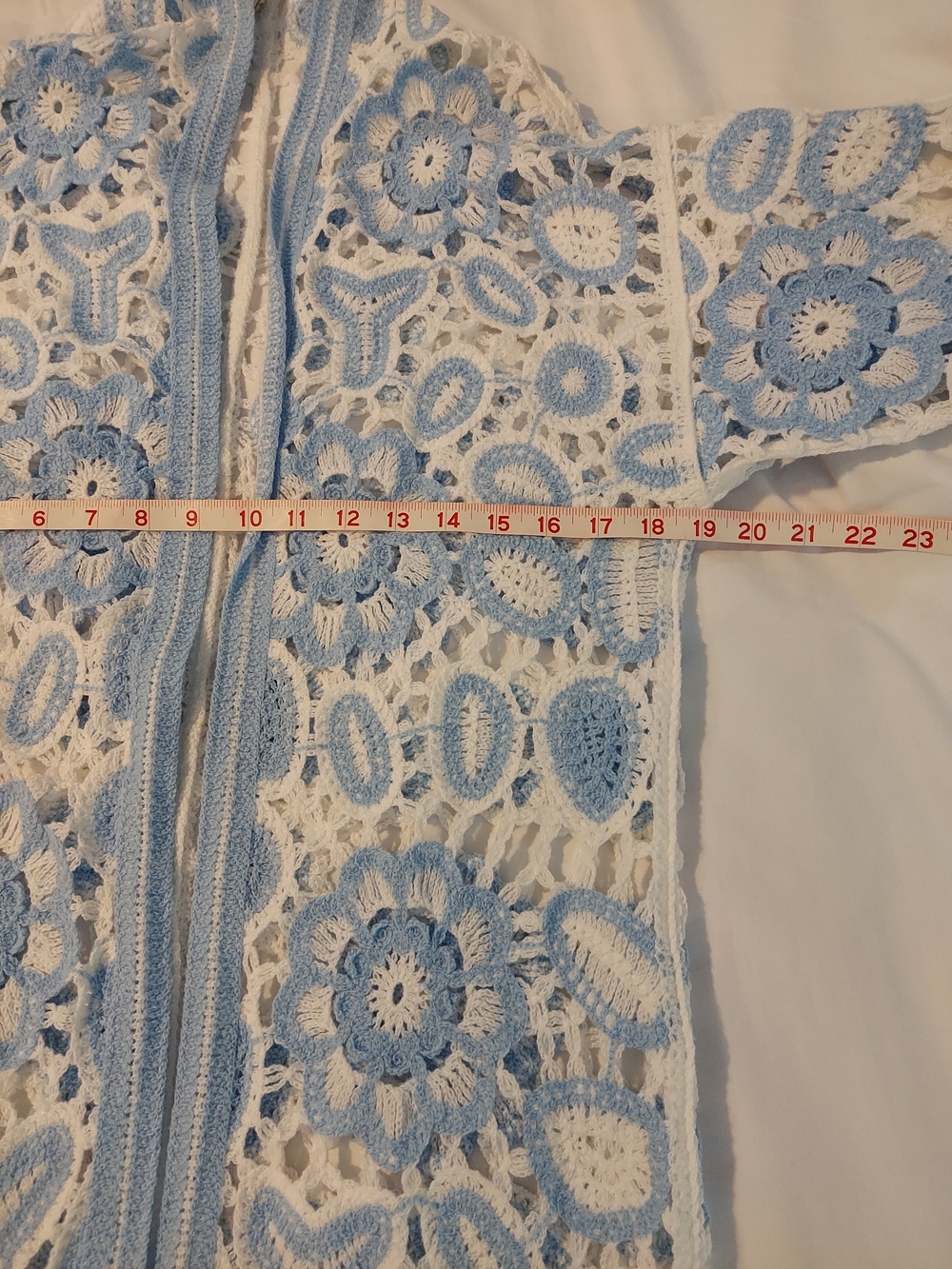 POL Boho Blue White Floral Crochet Open Front Knit Weave Duster Cardigan OS - Picture 5 of 8